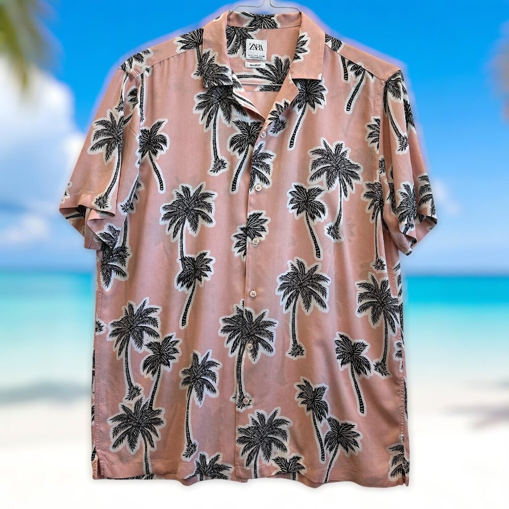 ZARA Men’s Relaxed Fit‎ Palm Tree Print Shirt Size M Pink Black Tropical Casual